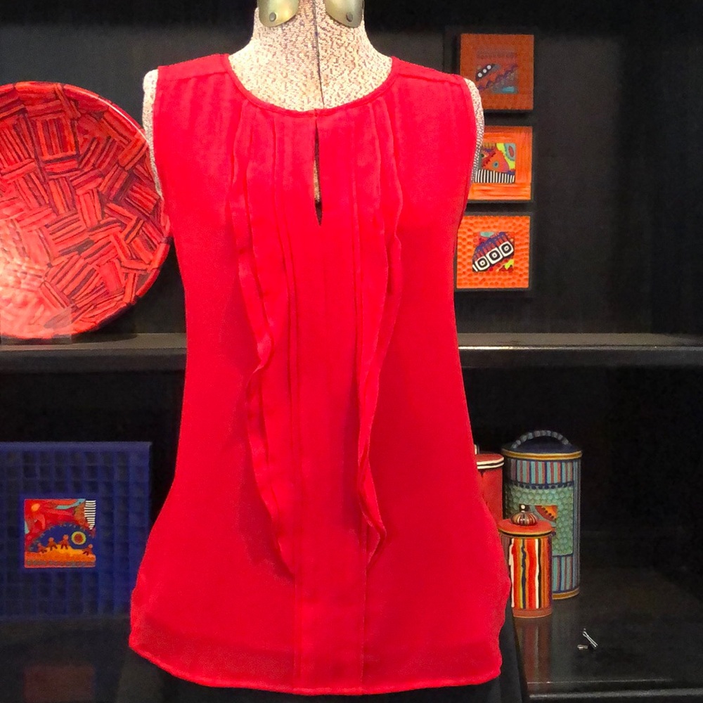 Ann Taylor Vibrant Red Sleeveless Top with Front Keyhole and Ruffle Detailing